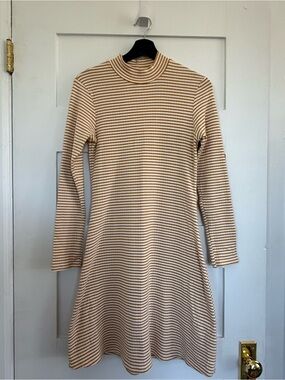 American Apparel Cream and Tan Striped Mock Neck Long Sleeve Dress